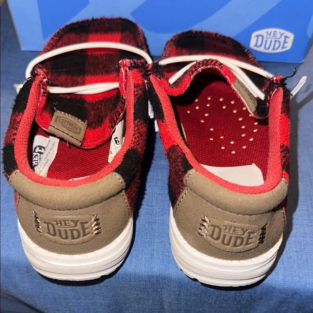 Hey Dude Red Black Moccasins with Plaid Design